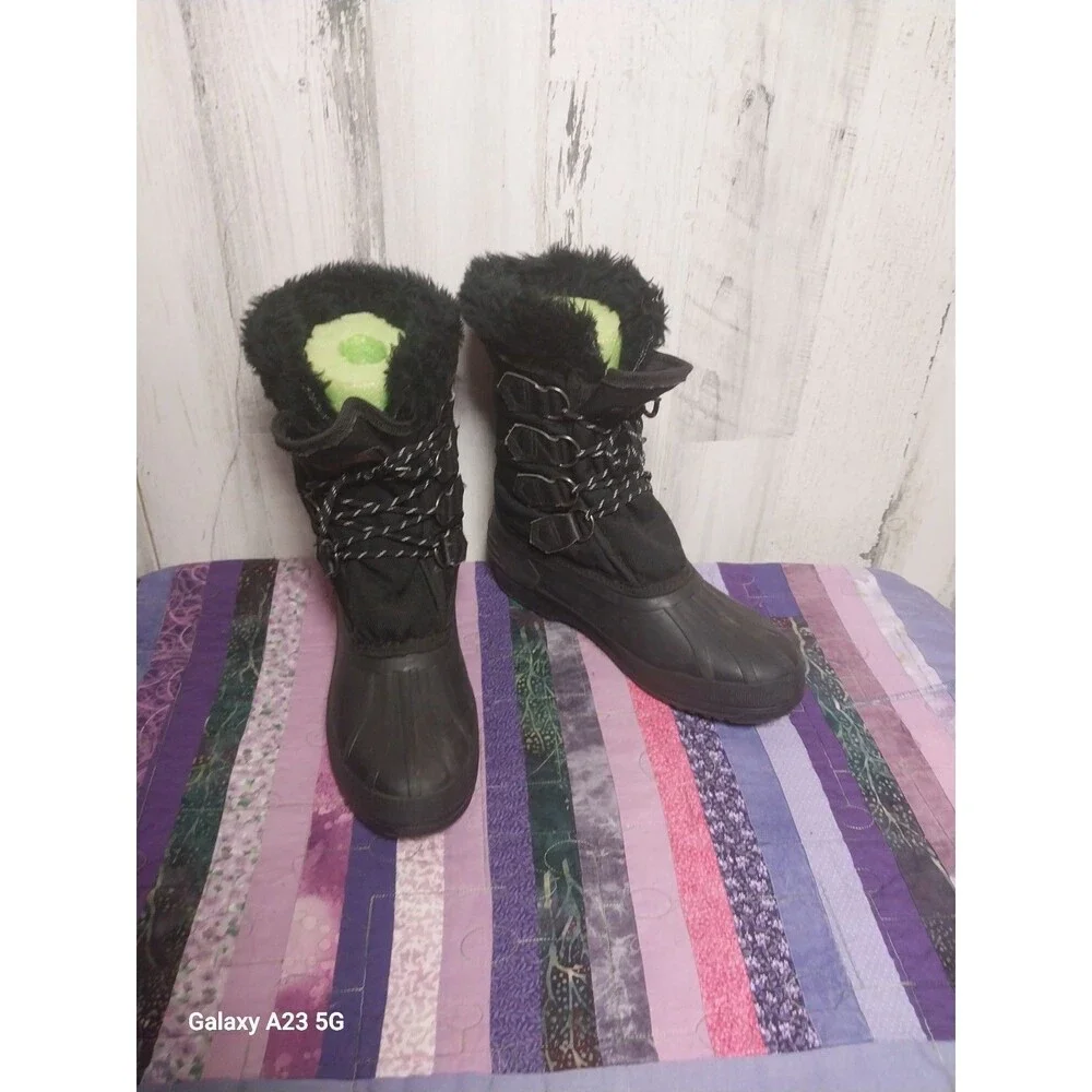 Sorel Kaufman Canada Black Rubber Nylon Winter Lined Snow Boots Womens Size 7